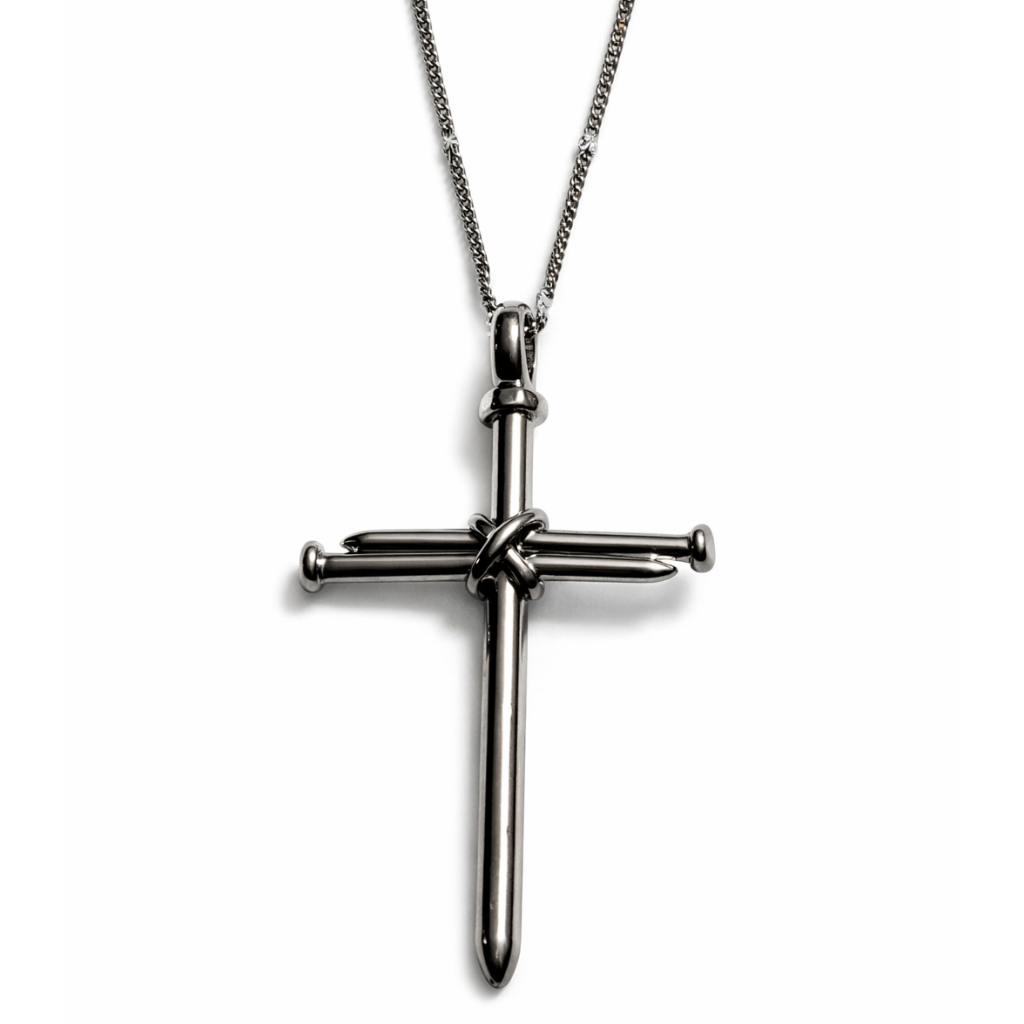 Silver Tone Polished Carpenter Nail Cross Necklace