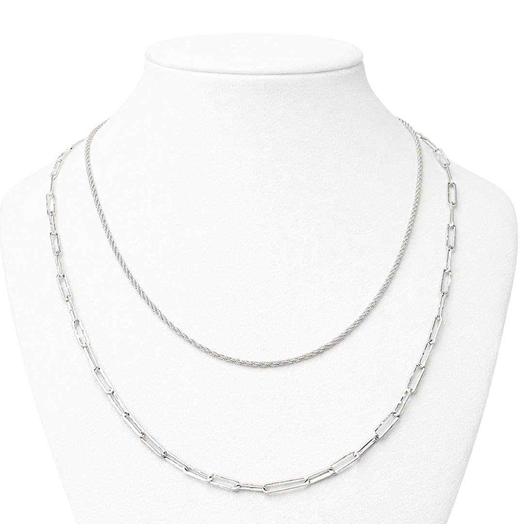 Silver Tone Duo-Link Textured Stack Necklace and Bracelet Set