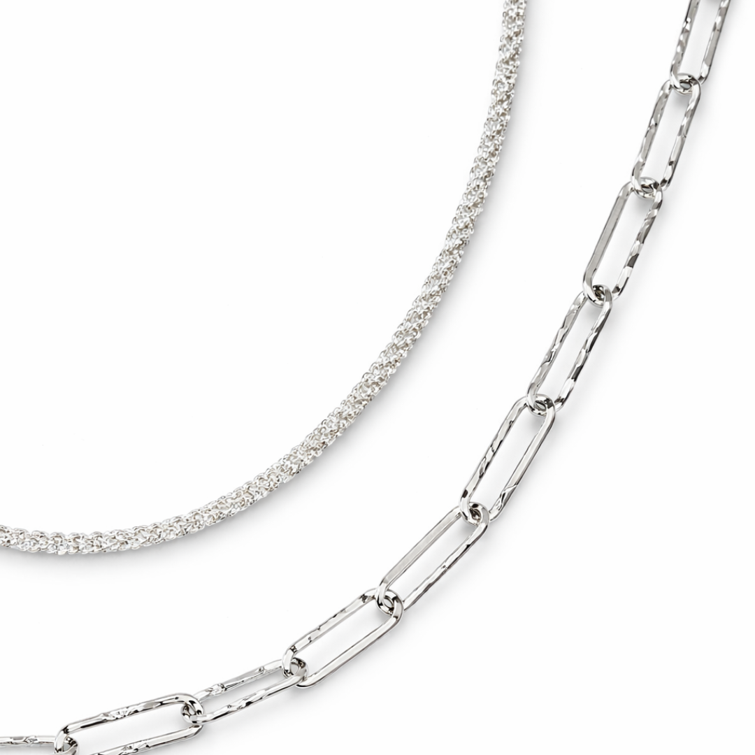 Silver Tone Duo-Link Textured Stack Necklace and Bracelet Set