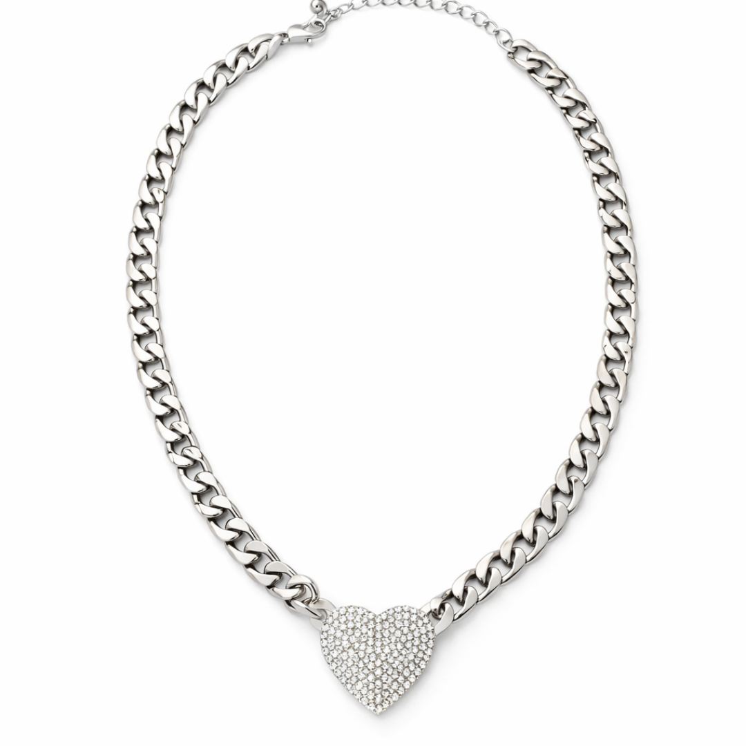 Silver Tone Iced Eternal Heart Cuban Necklace