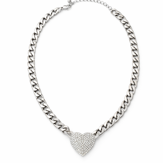Silver Tone Iced Eternal Heart Cuban Necklace