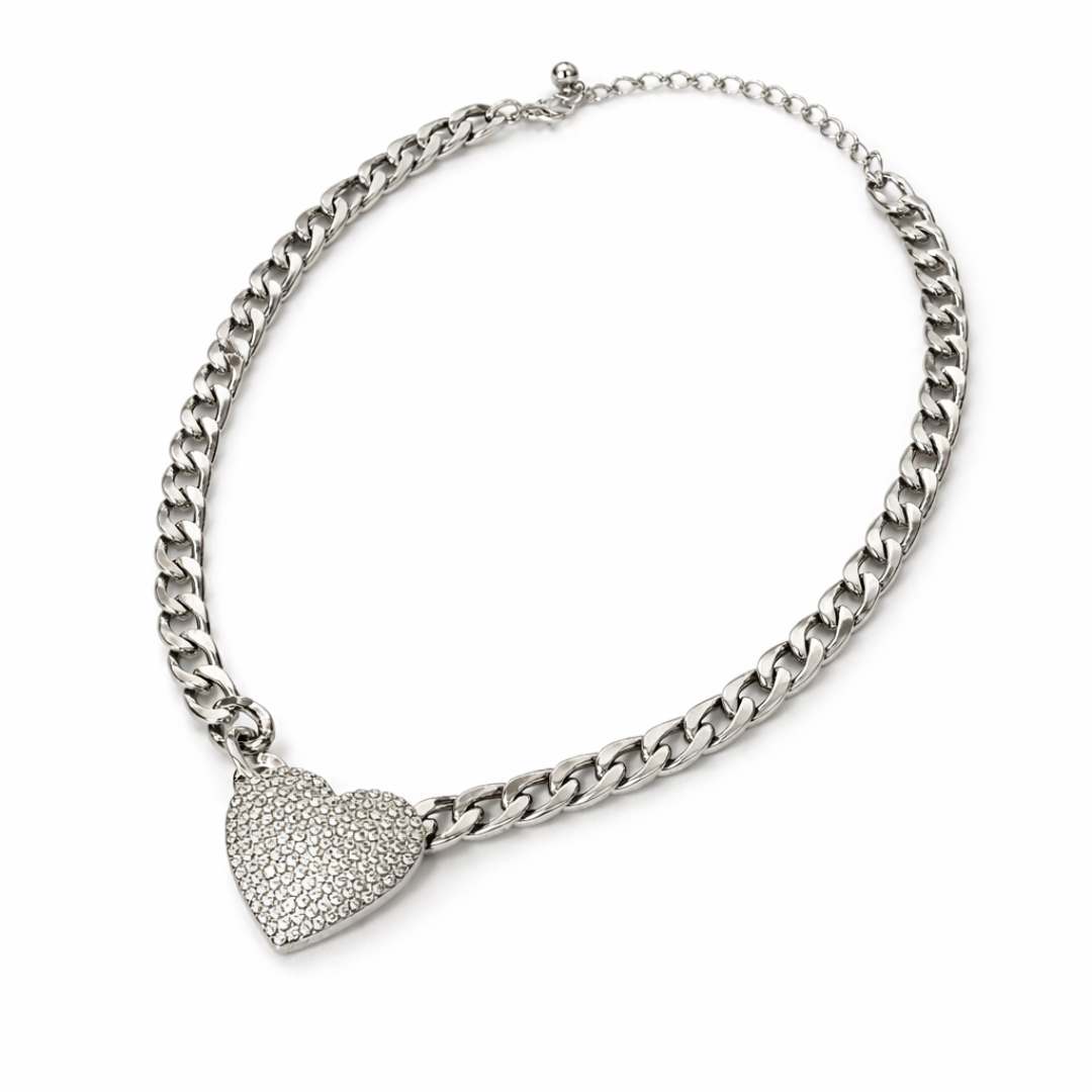 Silver Tone Iced Eternal Heart Cuban Necklace