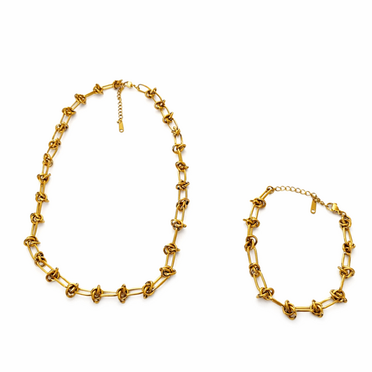 Gold Tone Knot-Link Statement Necklace and Bracelet Set