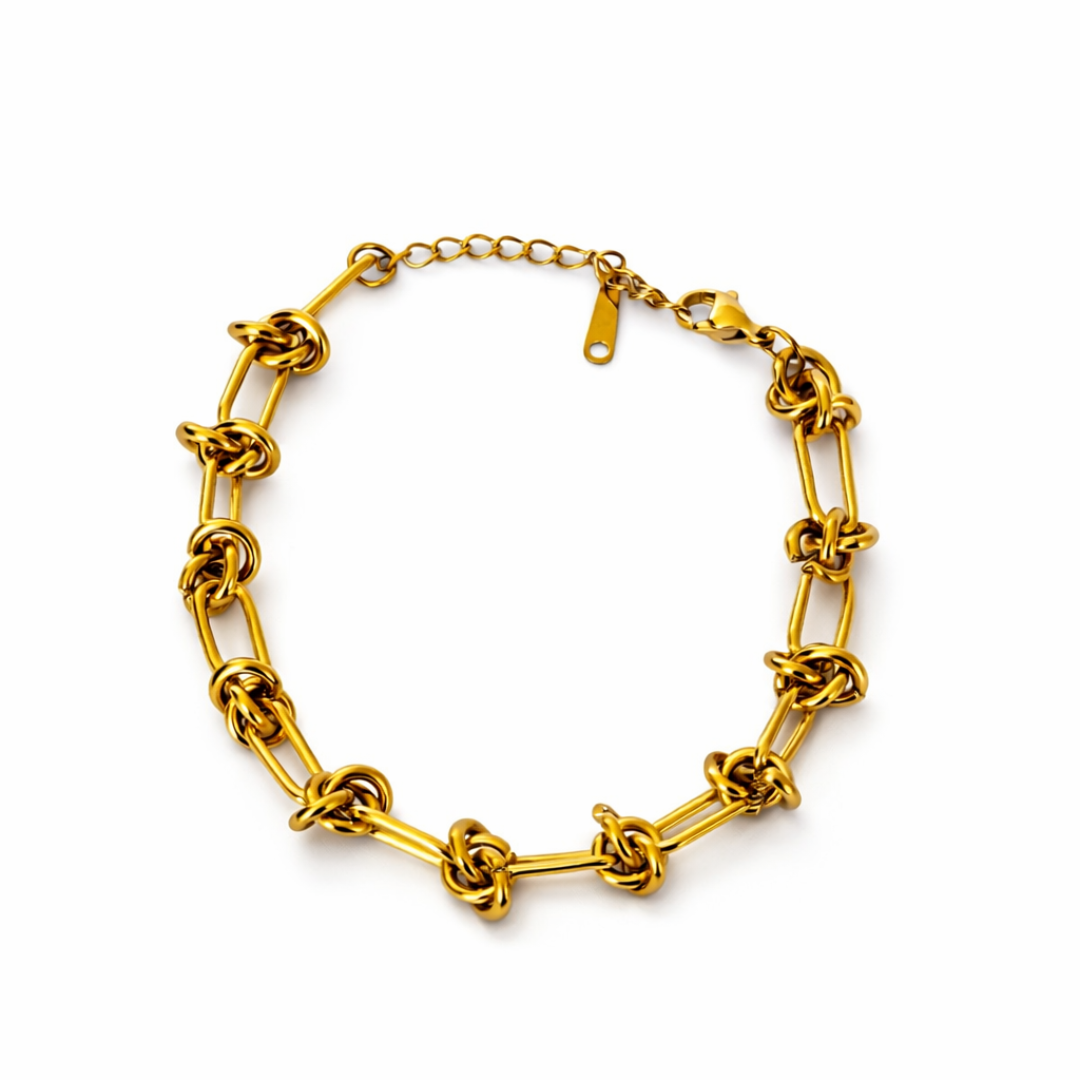 Gold Tone Knot-Link Statement Necklace and Bracelet Set