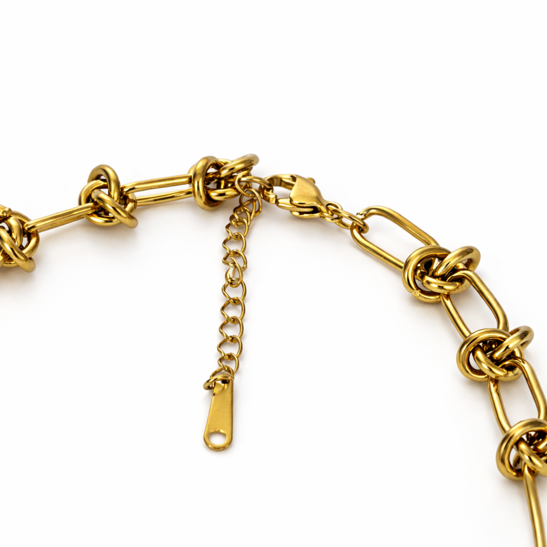 Gold Tone Knot-Link Statement Necklace and Bracelet Set