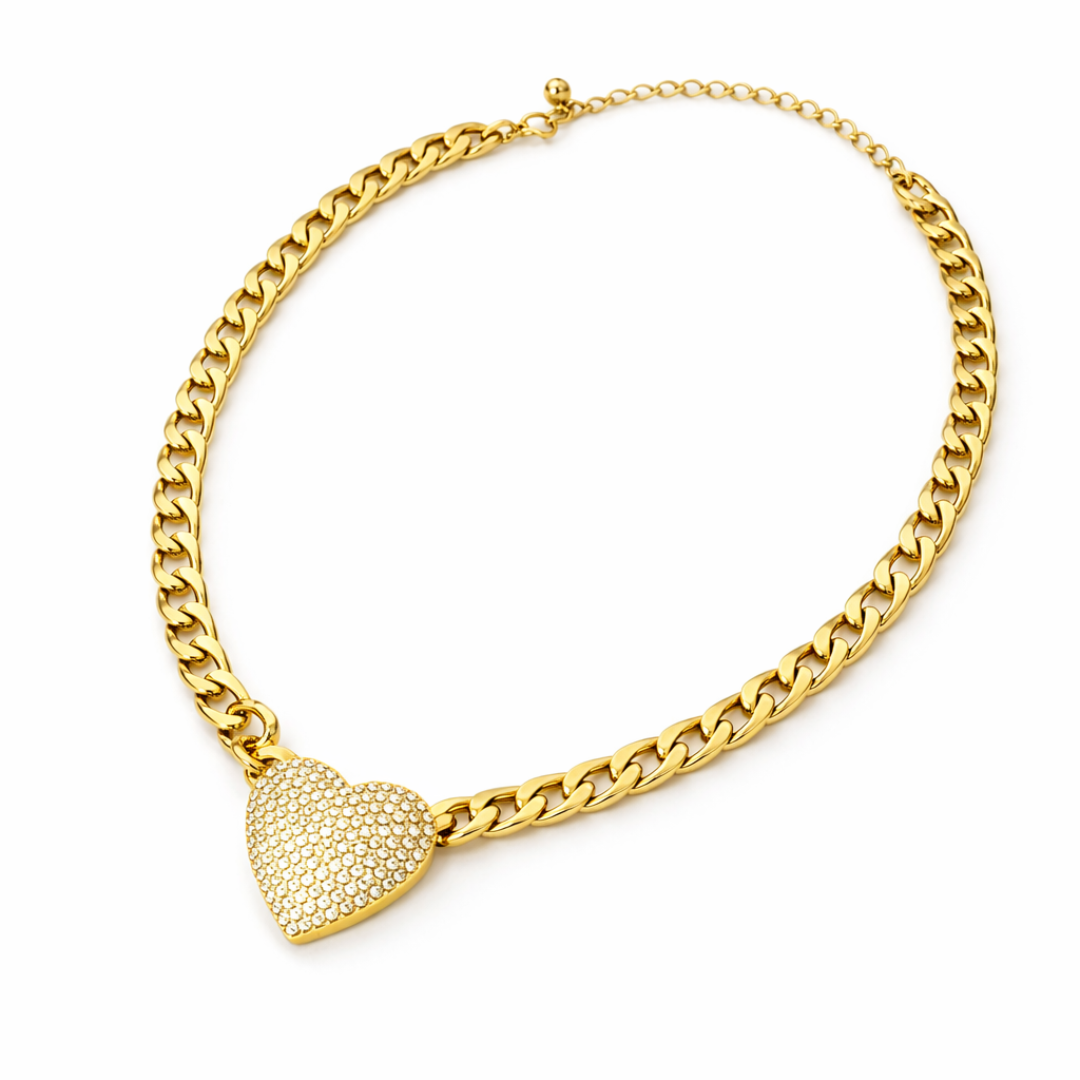 Gold Tone Iced Eternal Heart Cuban Necklace