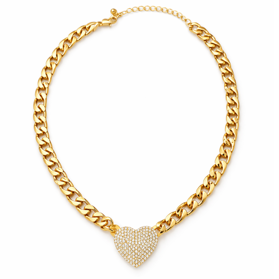 Natasha Gold Tone High-Shine Stone Encrusted Heart Necklace