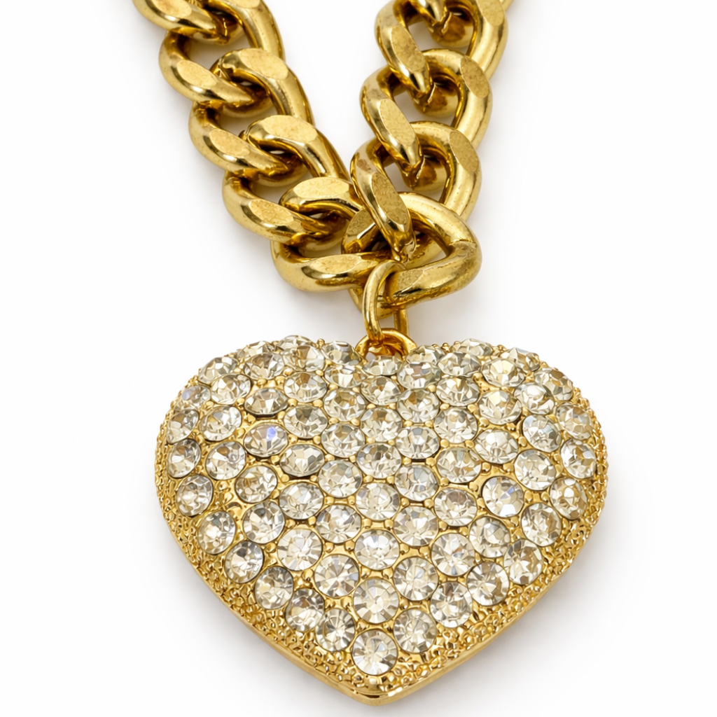 Natasha Gold Tone High-Shine Stone Encrusted Heart Necklace