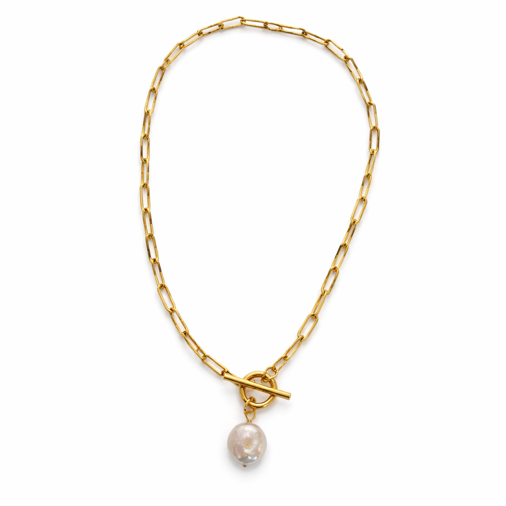 Gold Tone Paperclip Chain Pearl Toggle Necklace