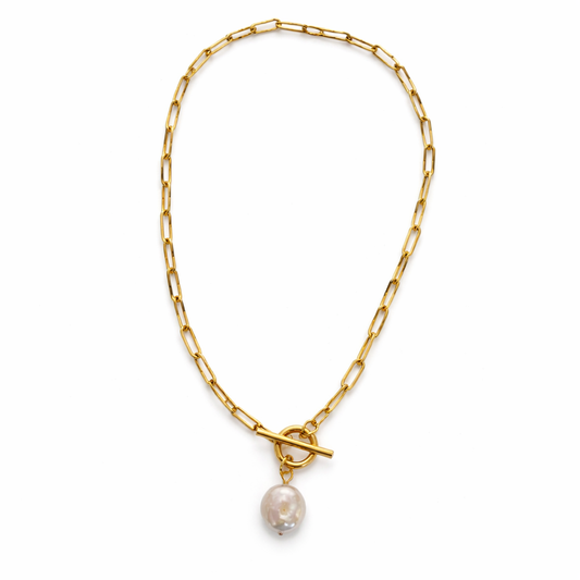 Gold Tone Paperclip Chain Pearl Toggle Necklace