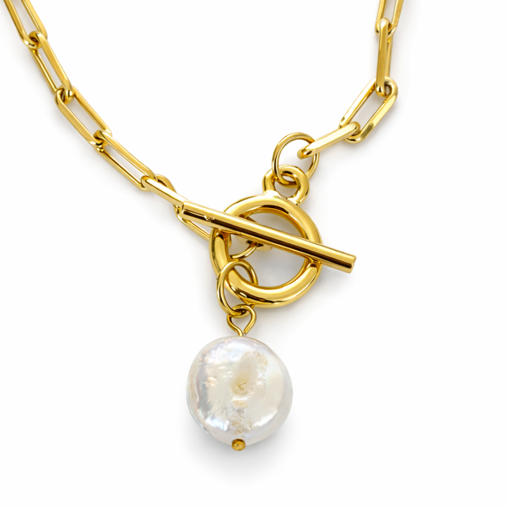 Gold Tone Paperclip Chain Pearl Toggle Necklace