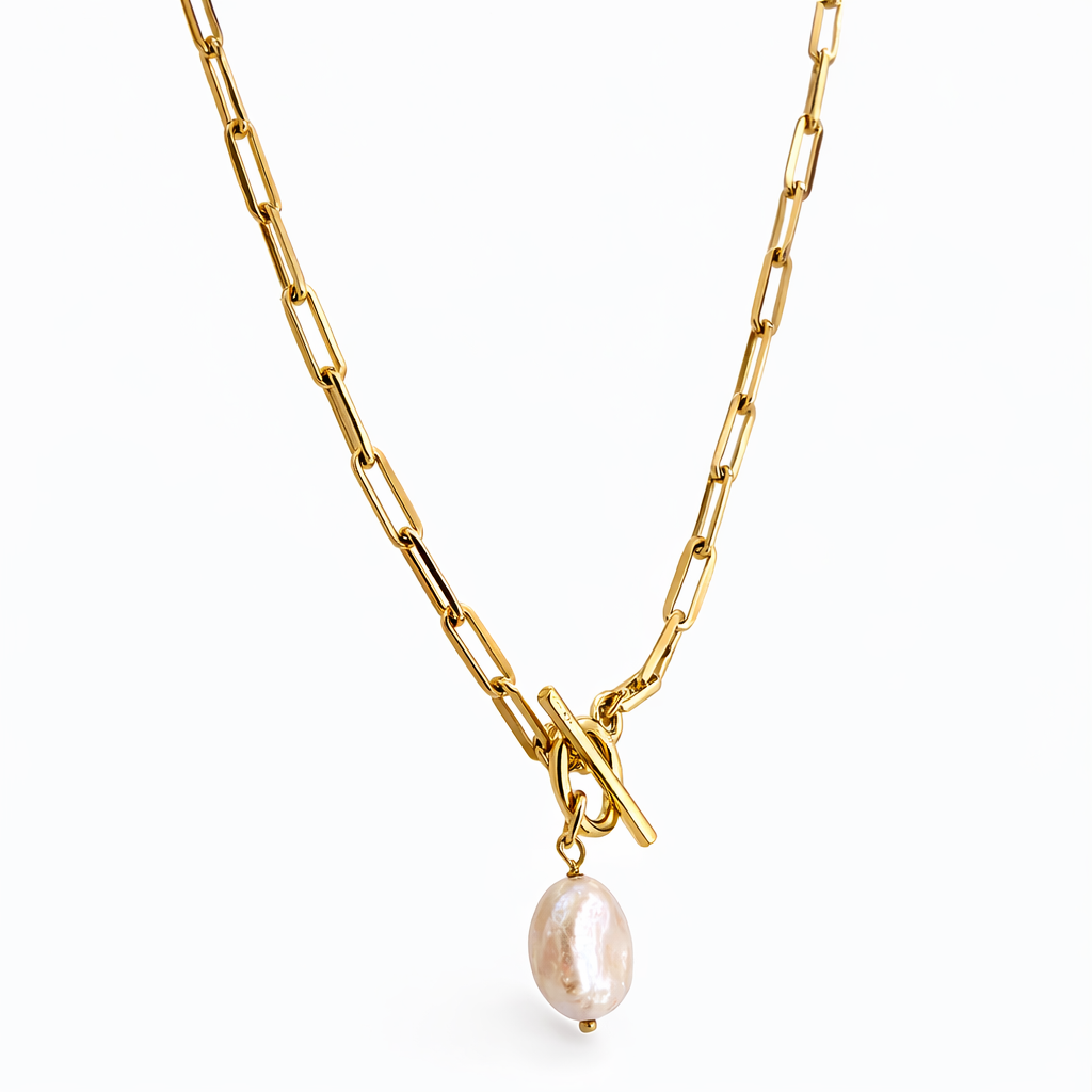 Gold Tone Paperclip Chain Pearl Toggle Necklace