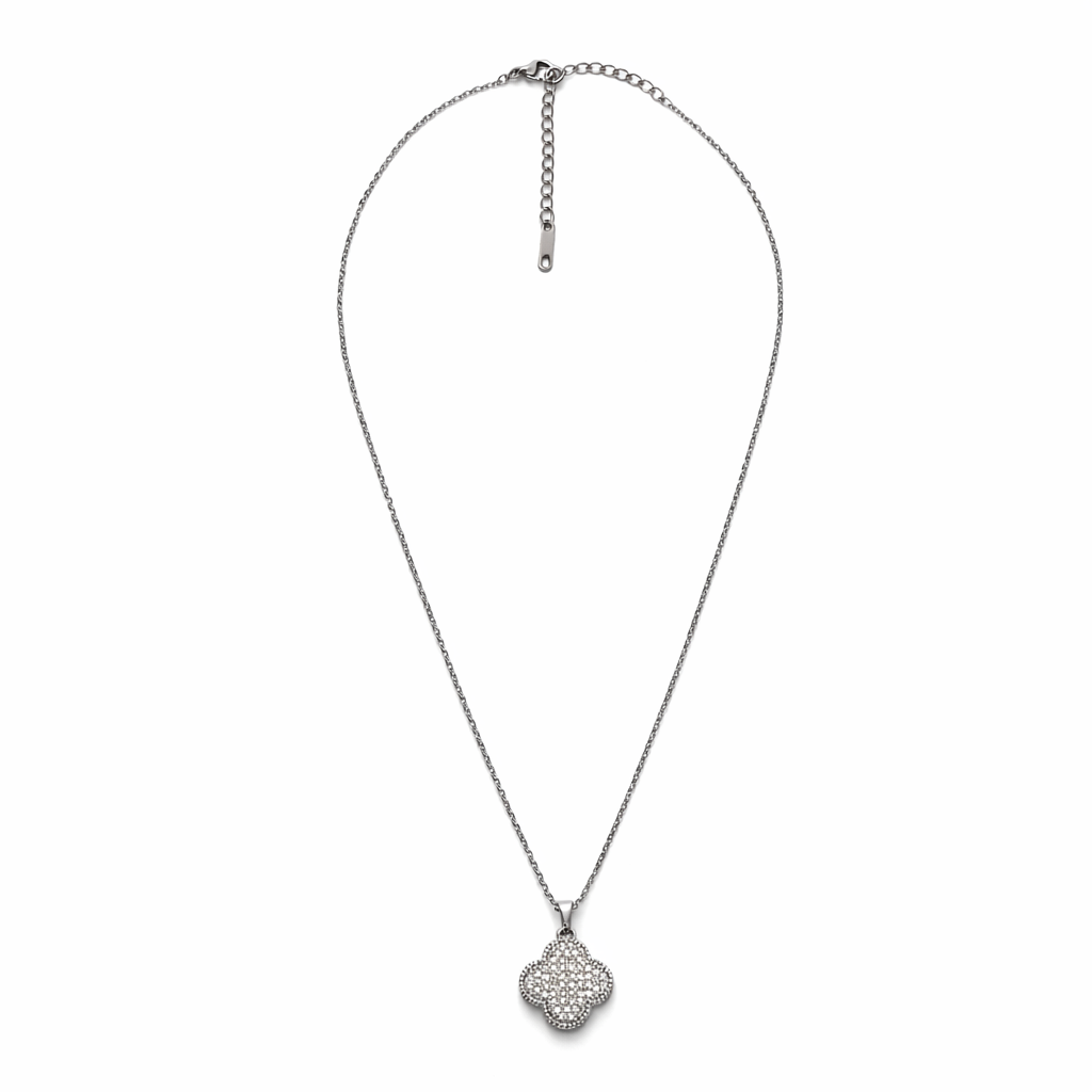 Silver Tone Sparkling Crystal Alhambra Style Necklace
