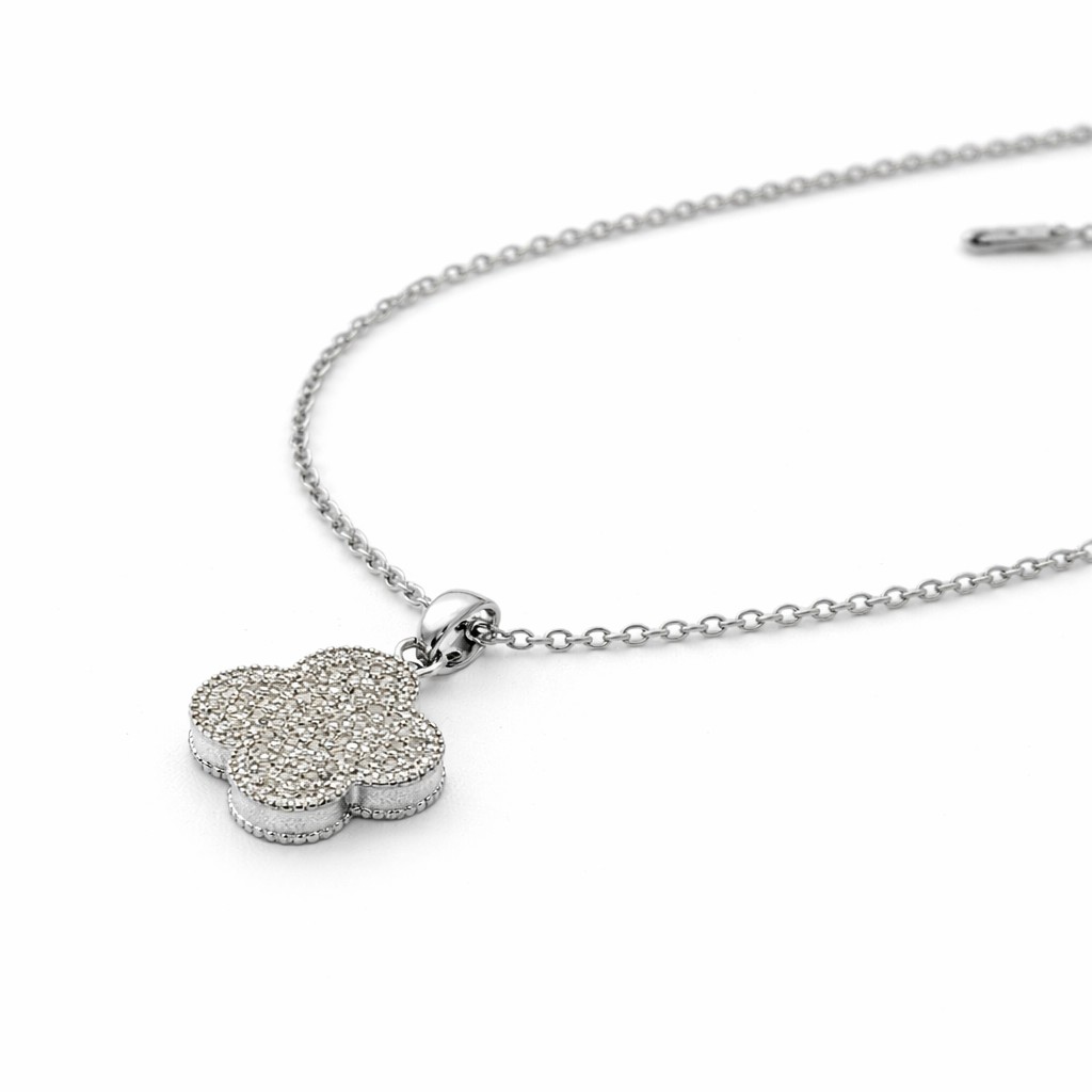 Silver Tone Sparkling Crystal Alhambra Style Necklace