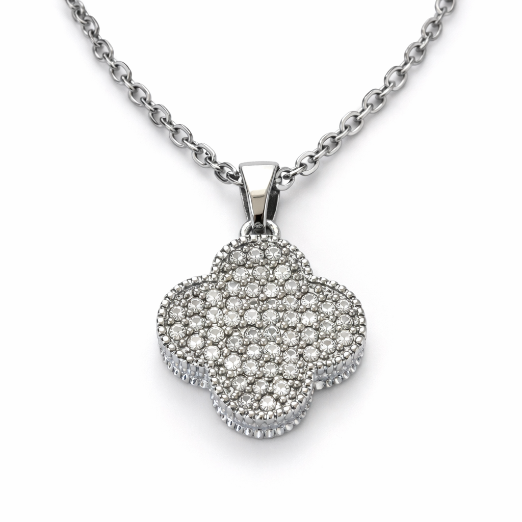 Silver Tone Sparkling Crystal Alhambra Style Necklace