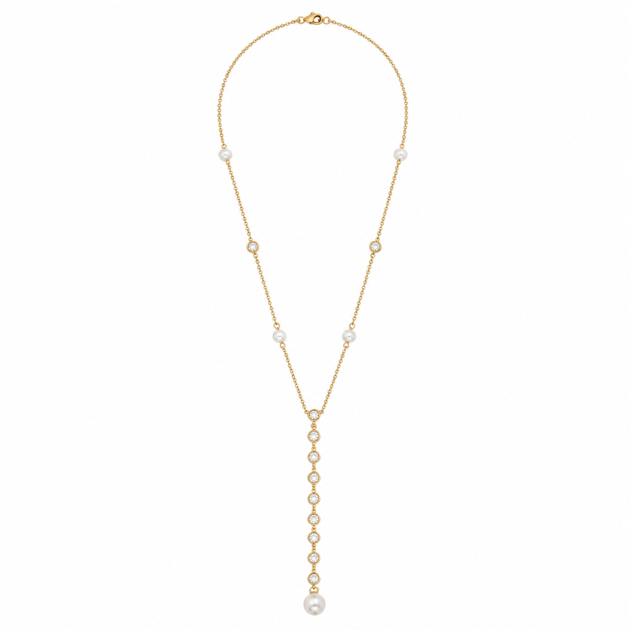 Gold Tone Sparkling Crystal & Pearl Station Necklace
