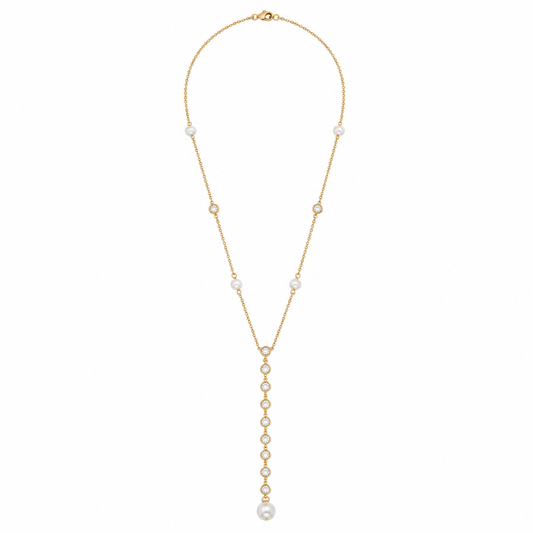 Gold Tone Sparkling Crystal & Pearl Station Necklace