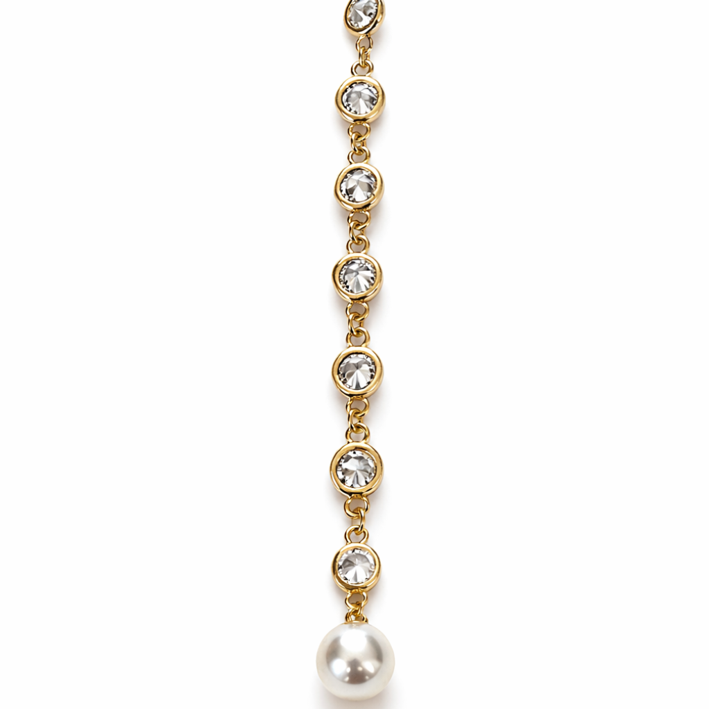 Gold Tone Sparkling Crystal & Pearl Station Necklace