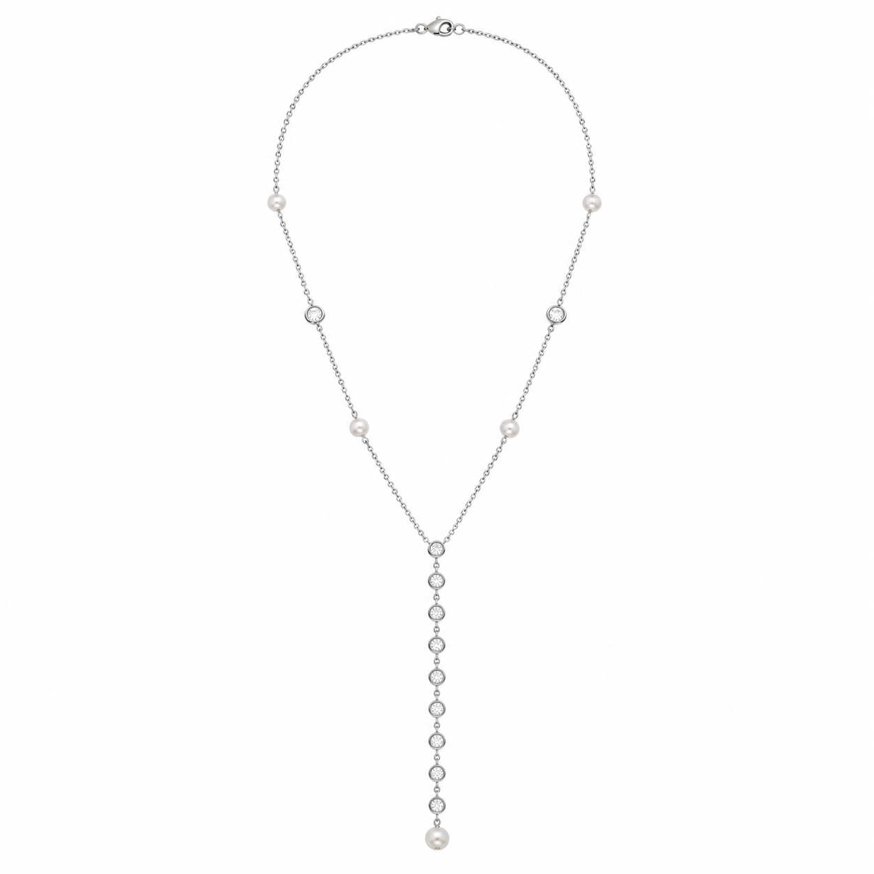 Silver Tone Sparkling Crystal & Pearl Station Necklace