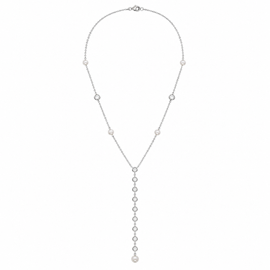 Silver Tone Sparkling Crystal & Pearl Station Necklace