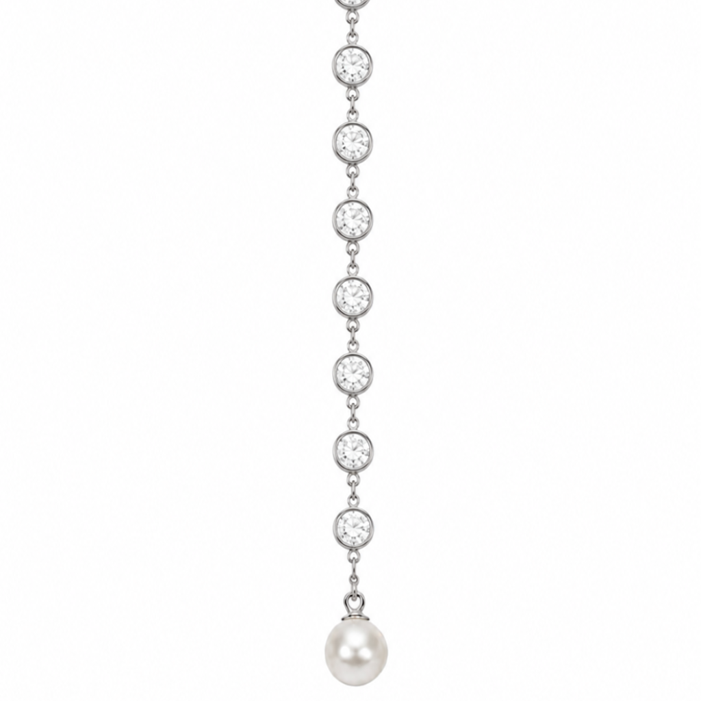 Silver Tone Sparkling Crystal & Pearl Station Necklace