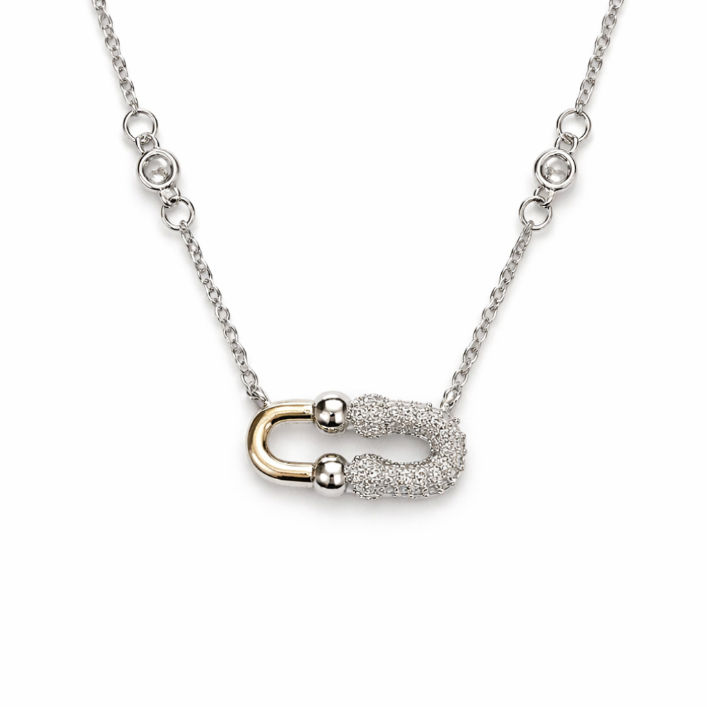 Silver Tone Horseshoe Link Station Necklace