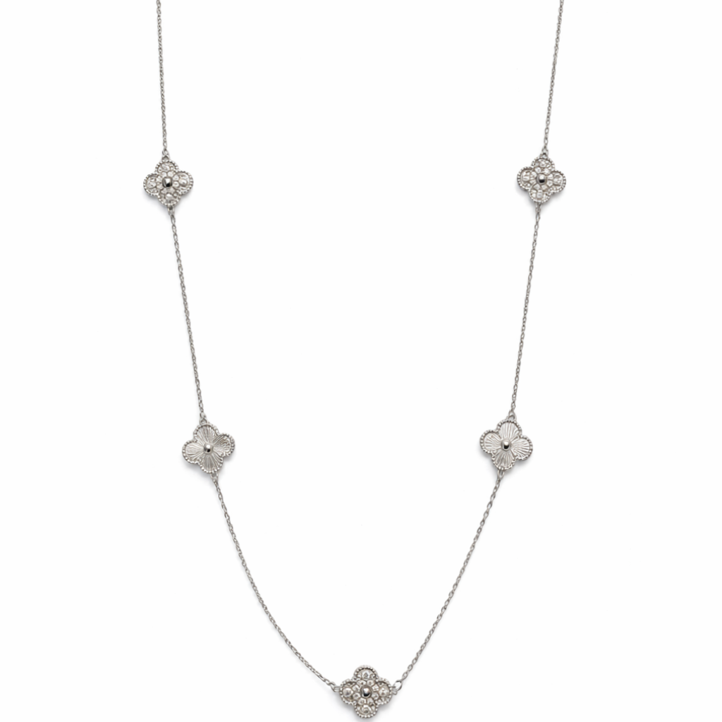 Silver Tone Glistening Blossom Clover Opera Length Necklace