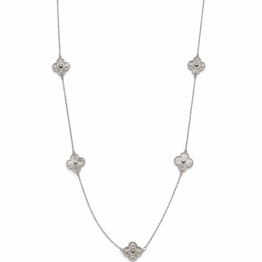 Silver Tone Glistening Blossom Clover Opera Length Necklace