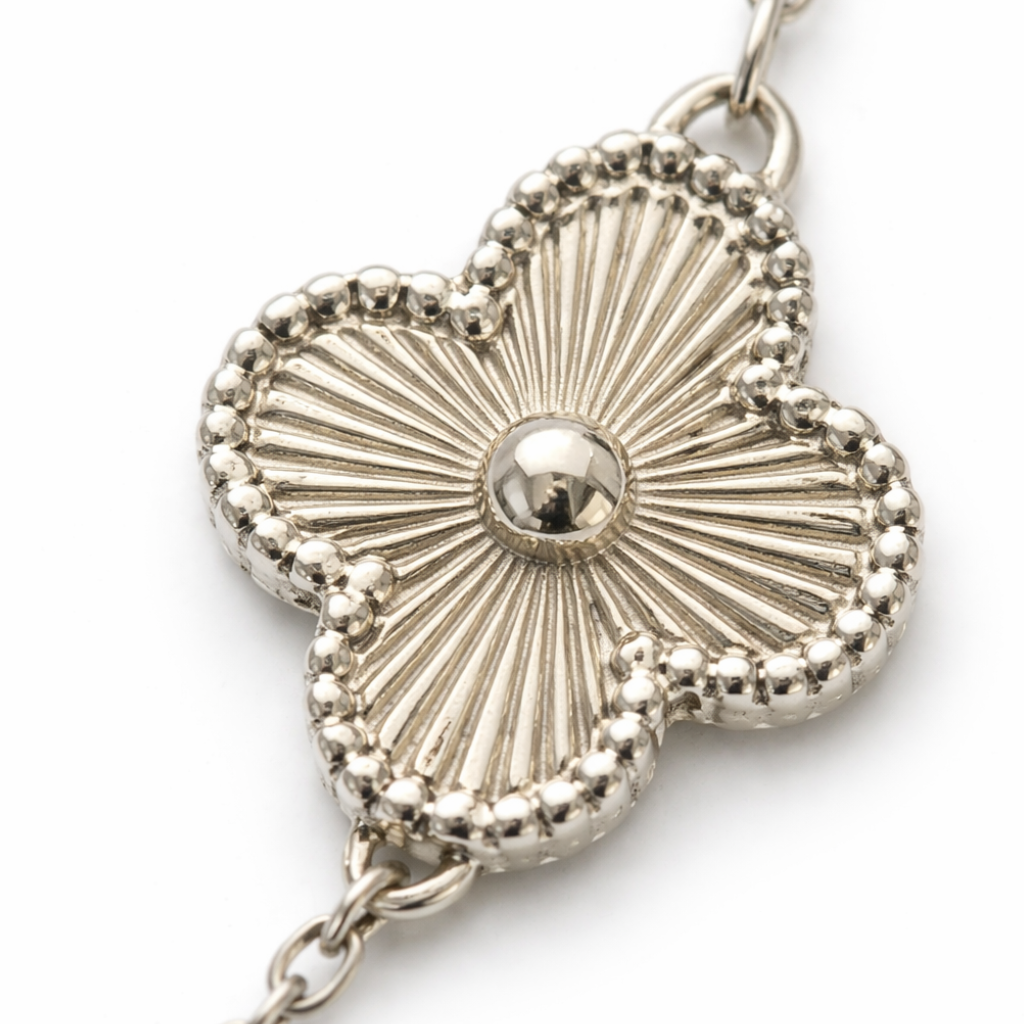 Silver Tone Glistening Blossom Clover Opera Length Necklace