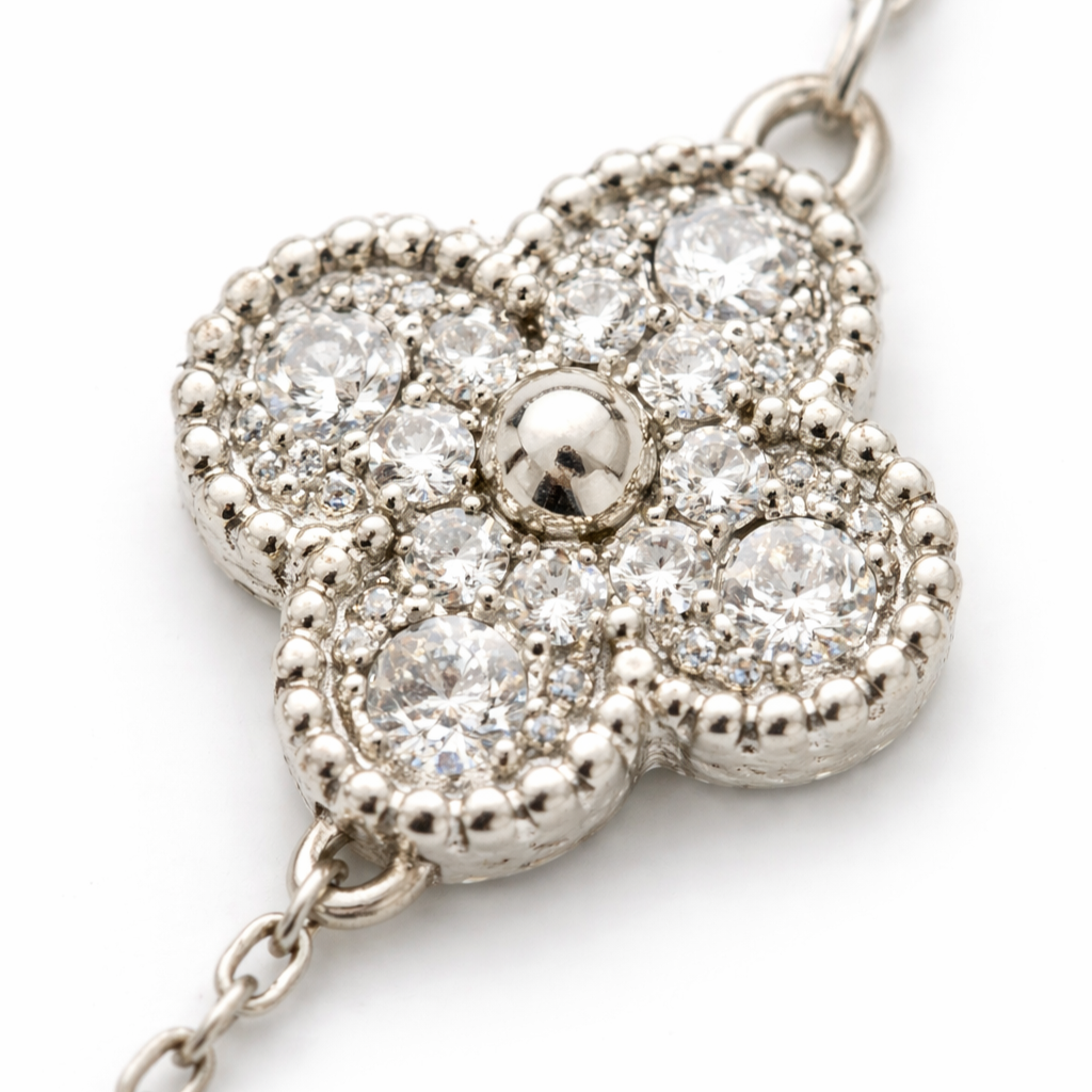 Silver Tone Glistening Blossom Clover Opera Length Necklace