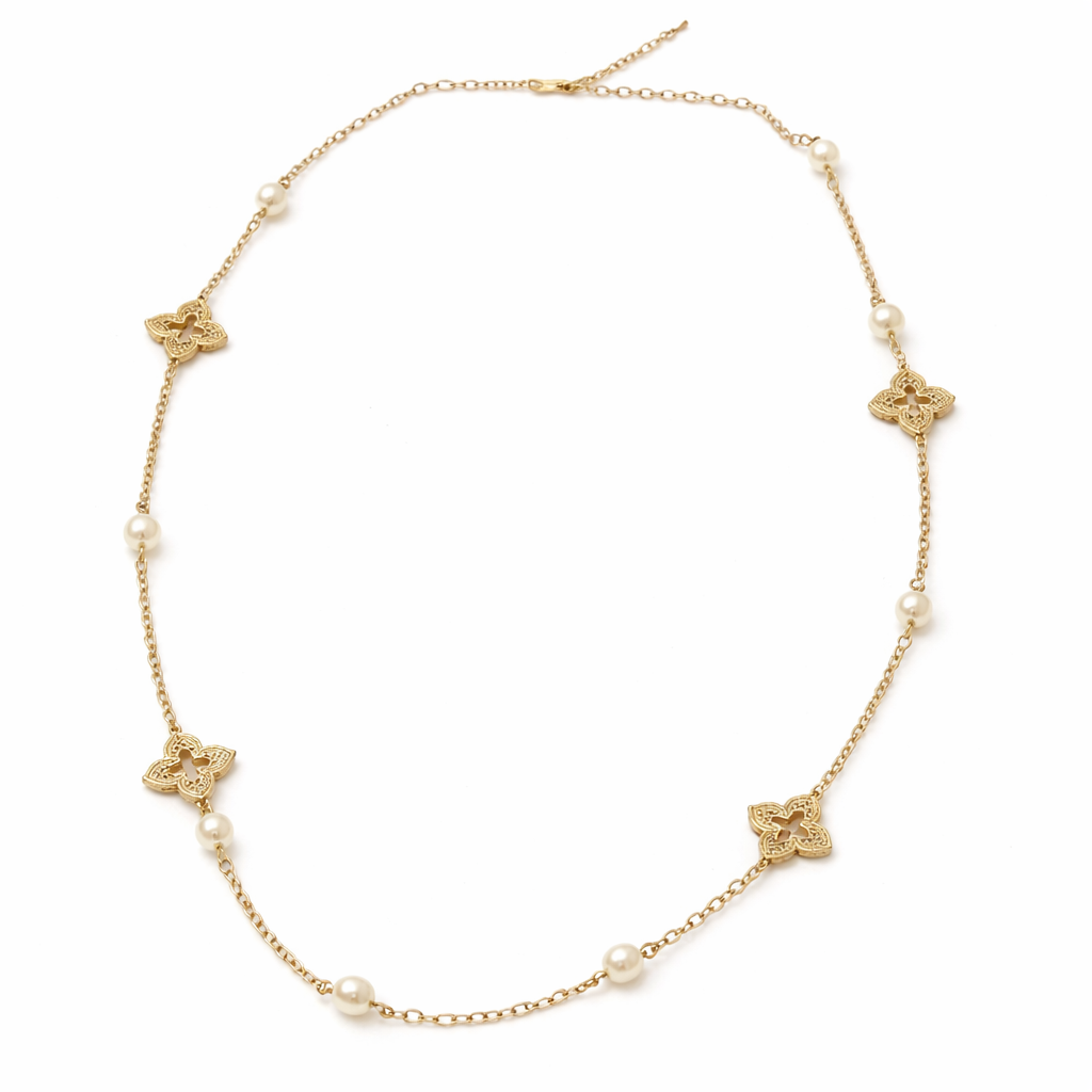 Gold-Tone Heirloom Quatrefoil & Pearl Station Necklace