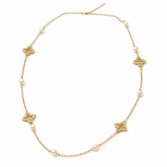 Gold-Tone Heirloom Quatrefoil & Pearl Station Necklace