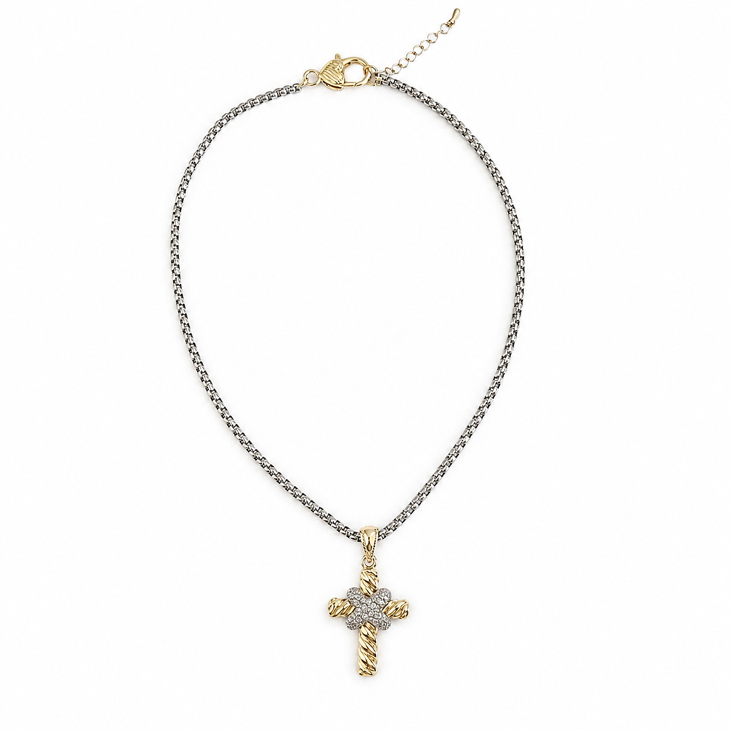 Two-Tone Crystal Cross Pendant Necklace