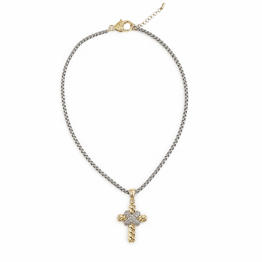 Two-Tone Crystal Cross Pendant Necklace