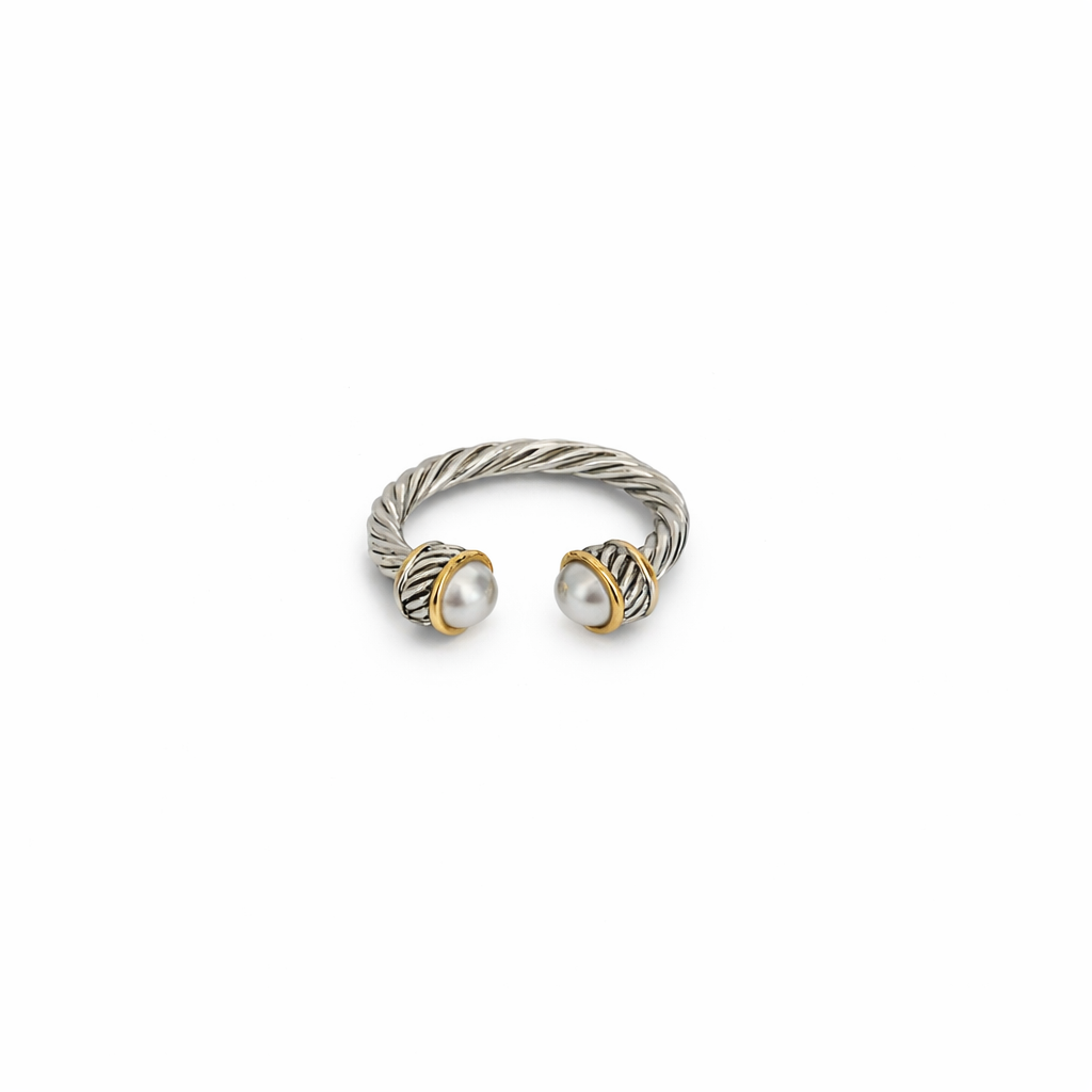 Cable Open Ring With White Pearl