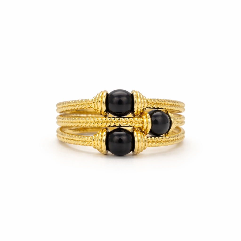 Gold 3 Layered With Black Onyx Ring