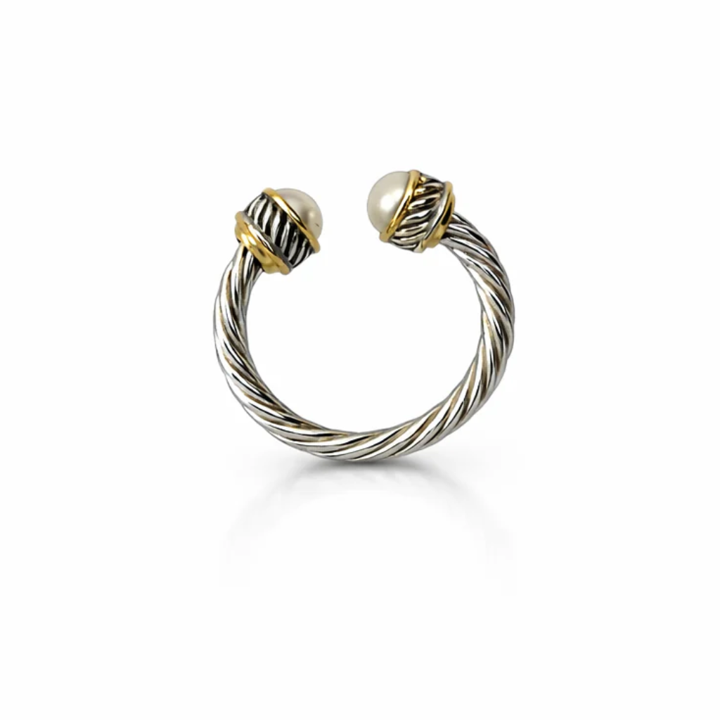 Cable Open Ring With White Pearl