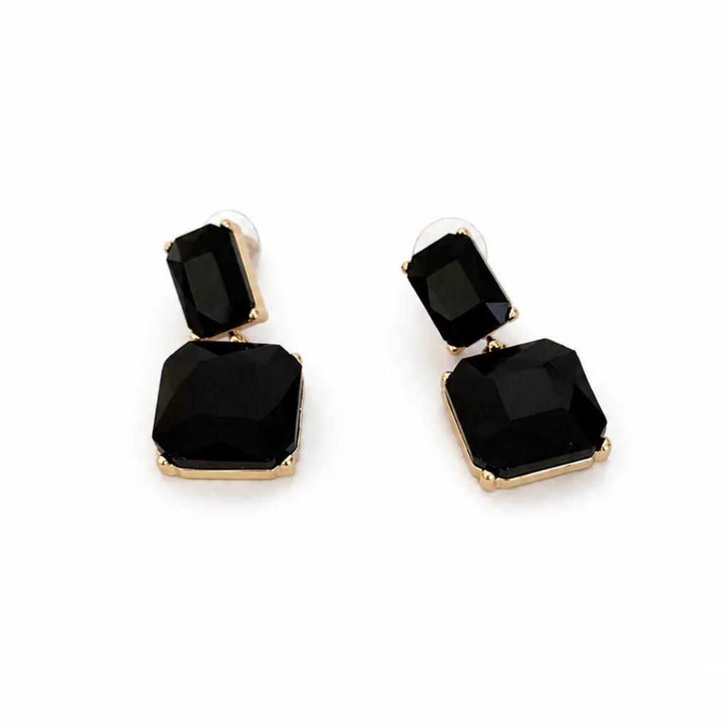 Gold Black Onyx Square Cubic Zirconia Dangle Earrings