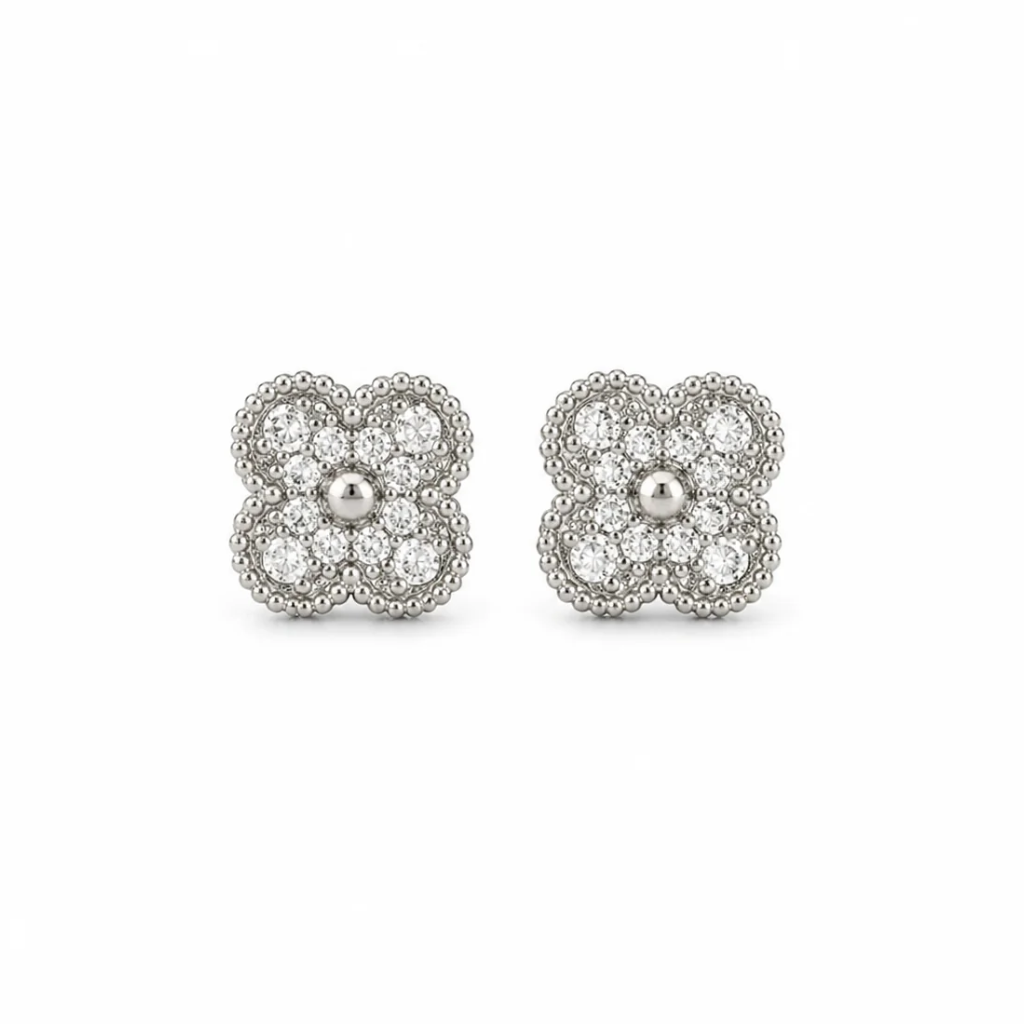 Silver Pave Four Leaf Clover Flower Earrings