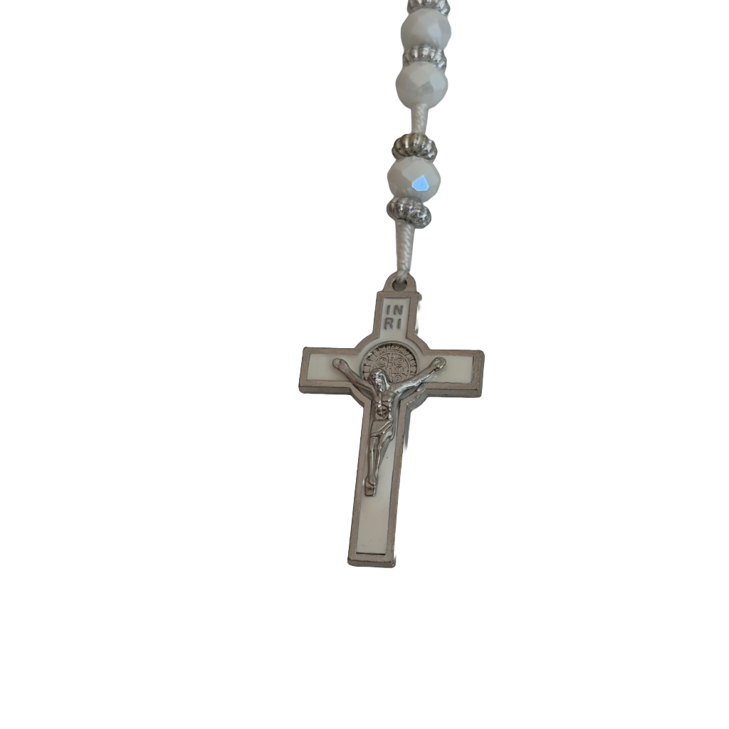 White Crystal Bead St. Jude Rosary Necklace