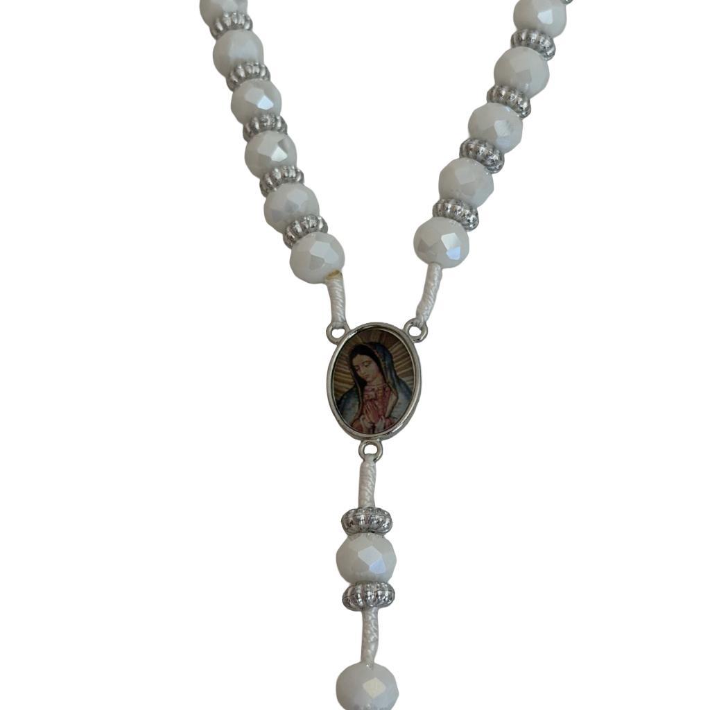 White Crystal Bead St. Jude Rosary Necklace