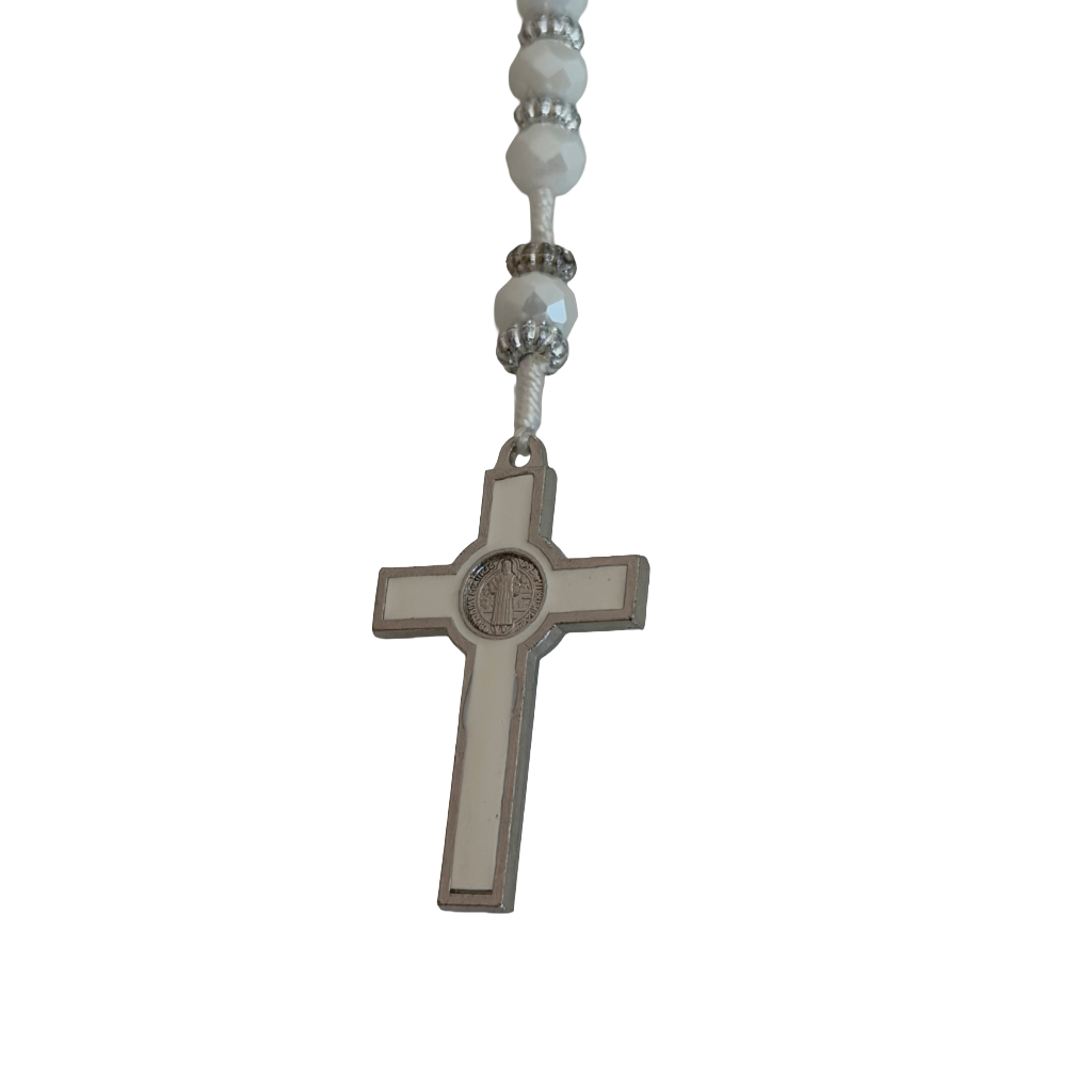 White Crystal Bead St. Jude Rosary Necklace
