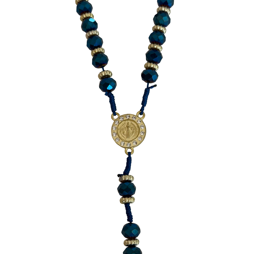 Dark Blue Crystal Bead St. Jude Rosary Necklace